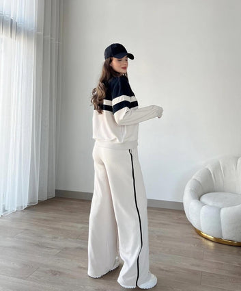 Women’s Stylish Panel Tracksuit – Zip Jacket & Trousers, Cream, L