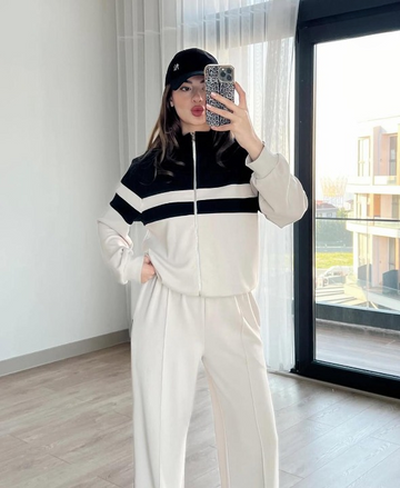 Women’s Stylish Panel Tracksuit – Zip Jacket & Trousers, Cream, L